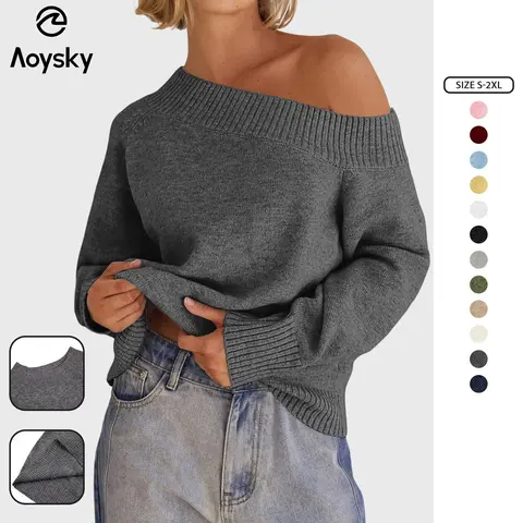 Aoysky Women's New Year Chic Off-the-Shoulder Knit Pullover Sweater - Knitwear, Clothes for Women, Off the Shoulder Top, Long-Sleeve Boat Neck, Ribbed Cuff, Hang Dry for Work, Party