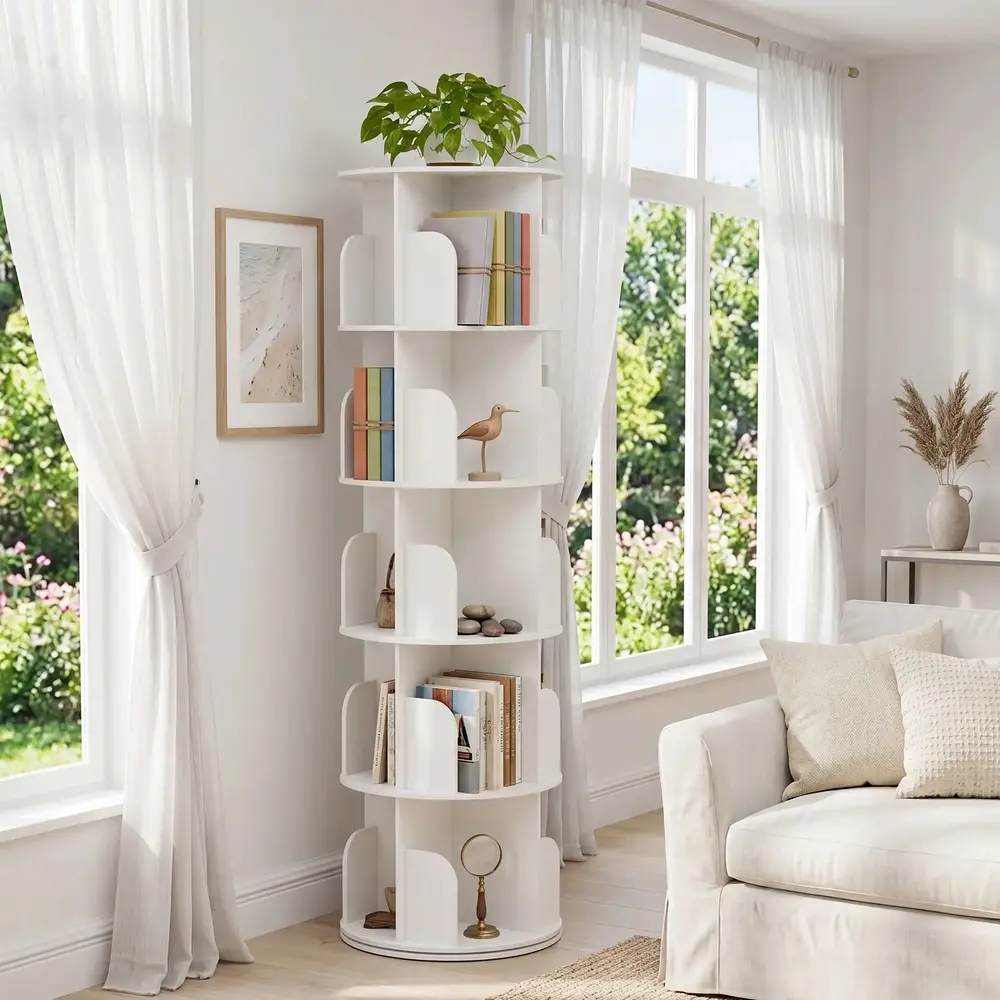 Modern Multi-Tiered S-Rotating Compact Corner Spinning Shelf - 360-Degree Revolving Round Carousel Furniture with Solid Board for Small Spaces, Vertical Spiral Organizer for Home Library, Assembly Required Sturdy Shelves