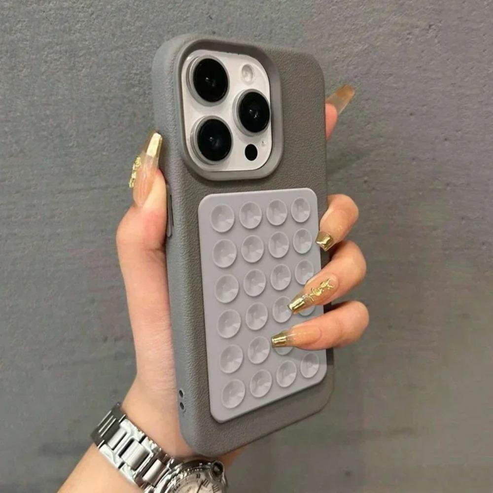 Minimalist Solid-Color Suction Cup Stand Leather-Textured Phone Case Cover Casing For iPhone 17 16 15 14 Plus 13 12 Pro Max 11 XS XR XS Max Shockproof Protective Case Accessories
