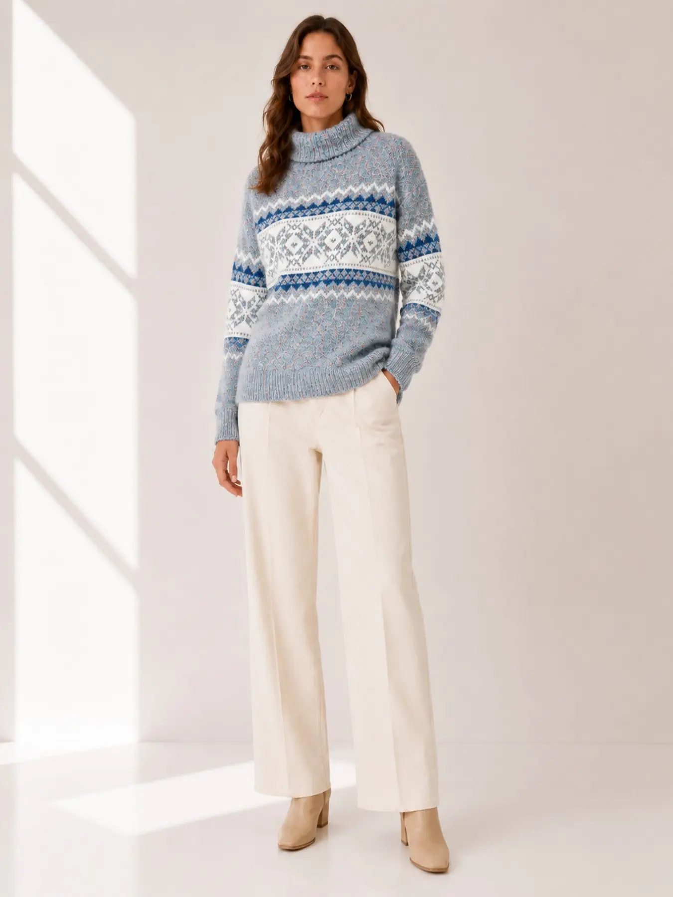High Neck Knit Sweater for Women, Nordic Fair Isle Snowflake Pattern, Loose Fit Thickened, Fall Winter Christmas Casual Wear