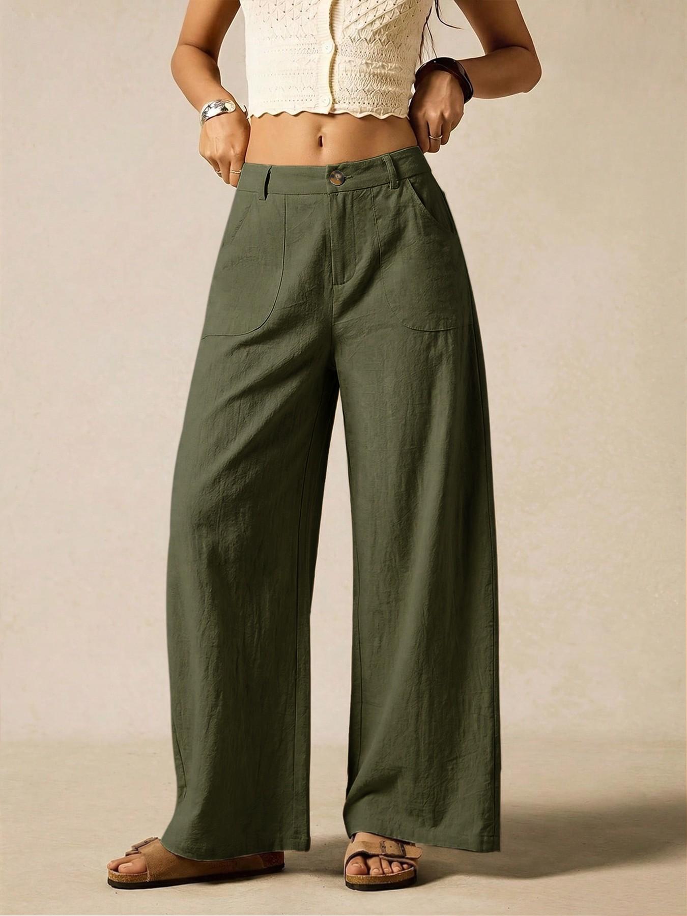 Women's Summer Linen Breathable Lightweight Palazzo Pants Flowy Wide Straight Leg Beach Trousers, Button Pocket Trousers, With Pocket Casual Solid Color Soft Elastic High Waist Travel Vacation Date Brunch Home Work Street wear