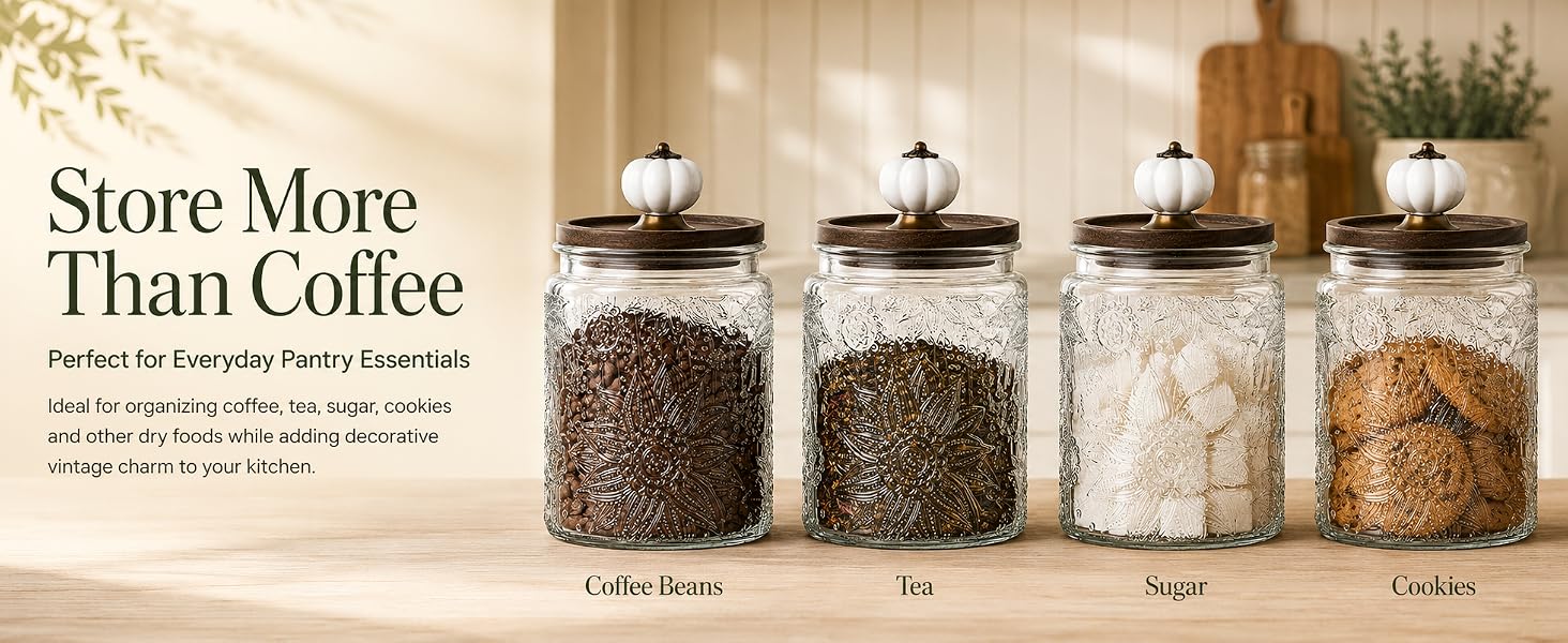 Arthink 23.7 Fl Oz Vintage Glass Storage Jar with Pumpkin Lid, Airtight Glass Canister for Coffee, Sugar, Tea, Cookies, Candy, Pasta & Cereal, Embossed Pantry Container homeessentials