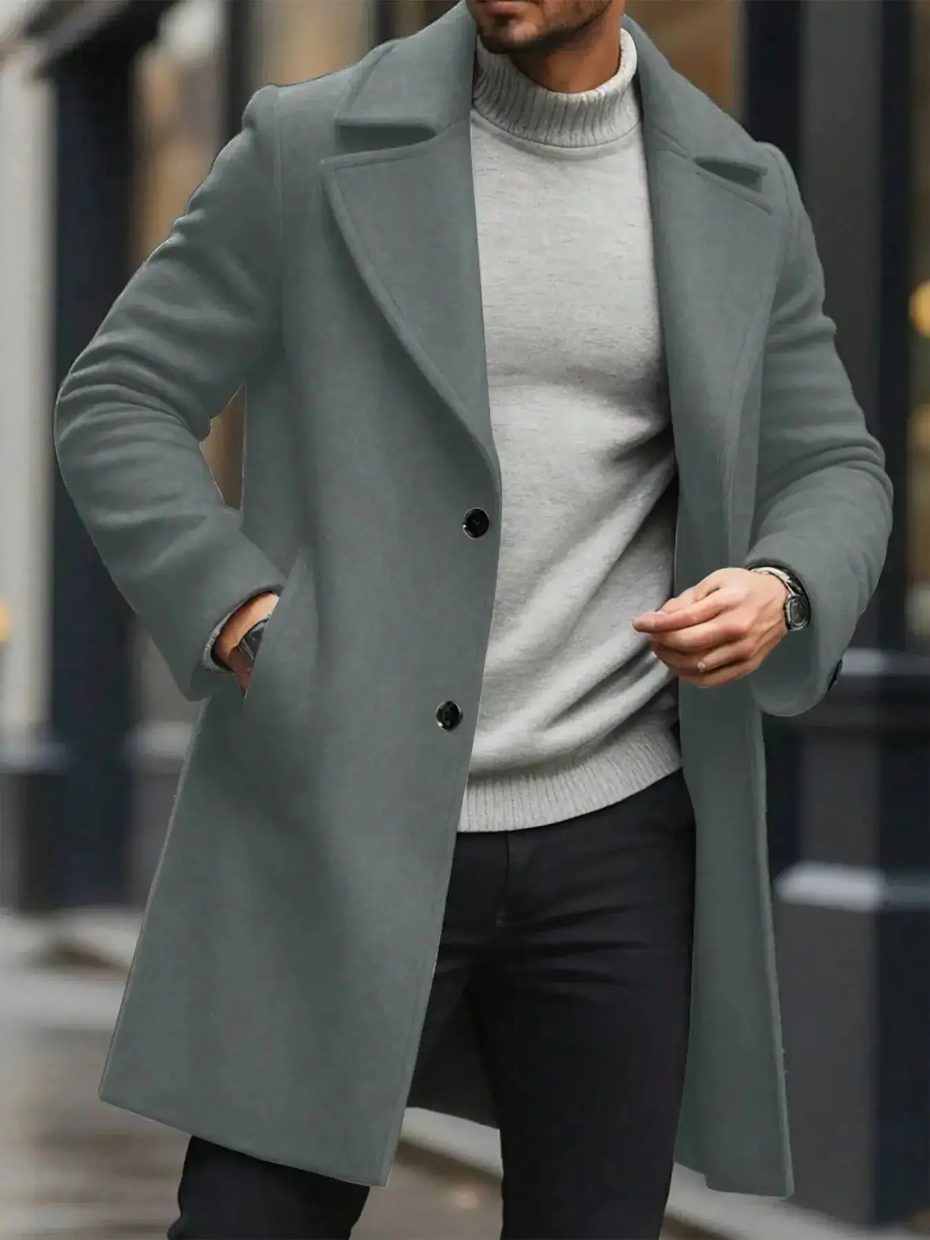 Men's Fashion Plain Color Long Coat, Fall & Winter Overcoat, Slim-Fit Lapel Design, Multiple Colors Available, Perfect Gift for Him