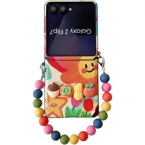 Cute Case for Samsung Z Flip 7 with Hinge Protection & Chain, Funny Cute Stylish Print Design Z Flip 7 Case for Women Girls, PU Leather Protective Case for Samsung Galaxy Z Flip 7 Red