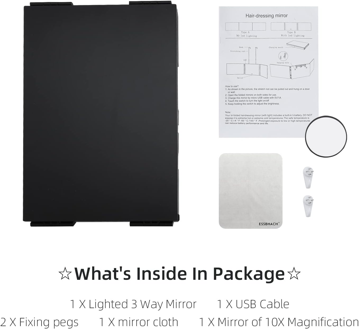 LED Makeup Mirror 3 Way Mirror for Self Hair Cutting with LED Lights Usb Charging (or without LED), Rechargeable Self Cut 360 Barber Mirror for Haircuts Door Mount