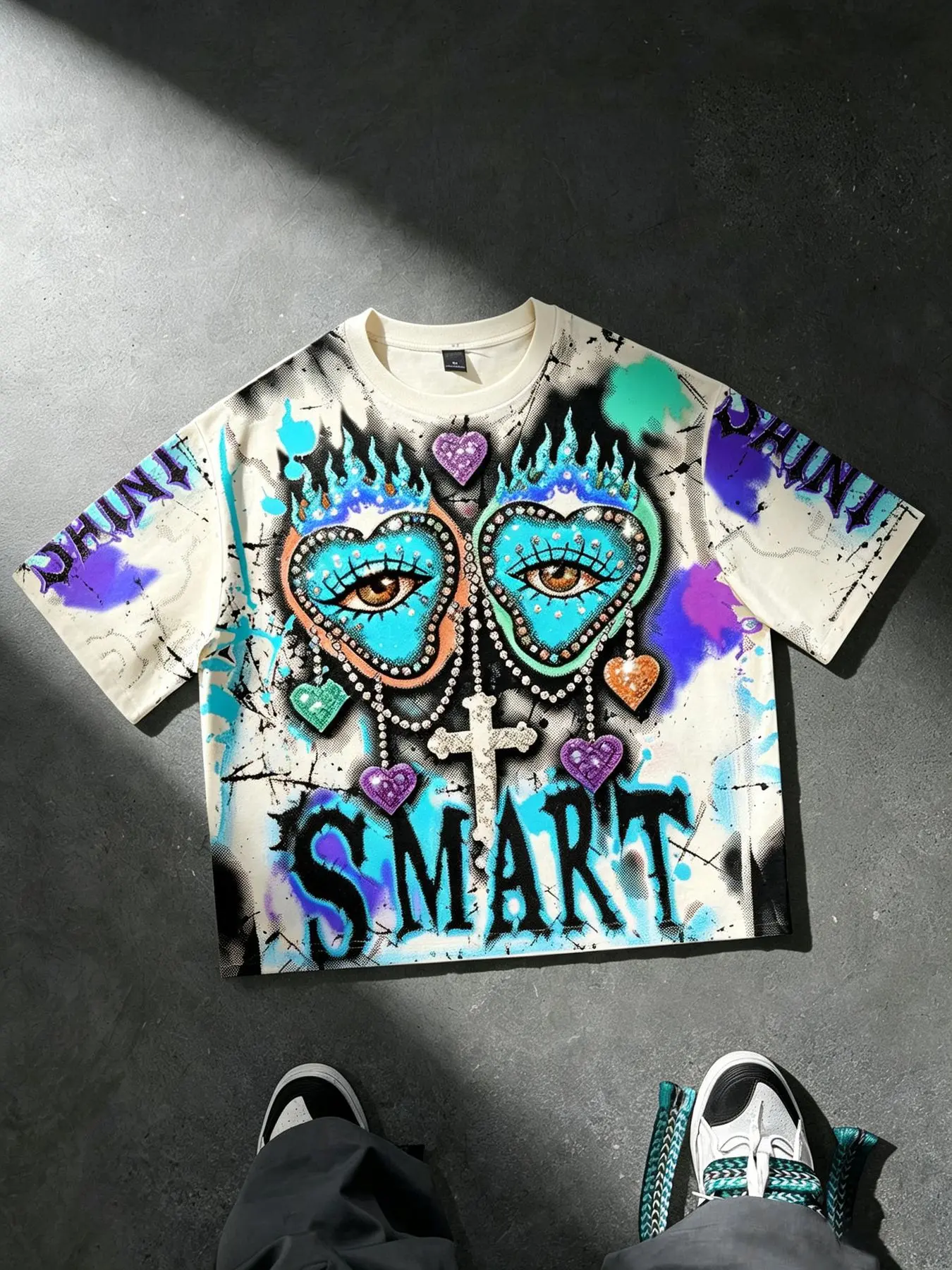 SMART Heart Eyes Cross Short-Sleeve T-Shirt for Men and Women, Y2K American Hip Hop Retro Rhinestone Graffiti Print Loose Short-Sleeve Top for Women and Men, Summer Gothic Religious Street Style