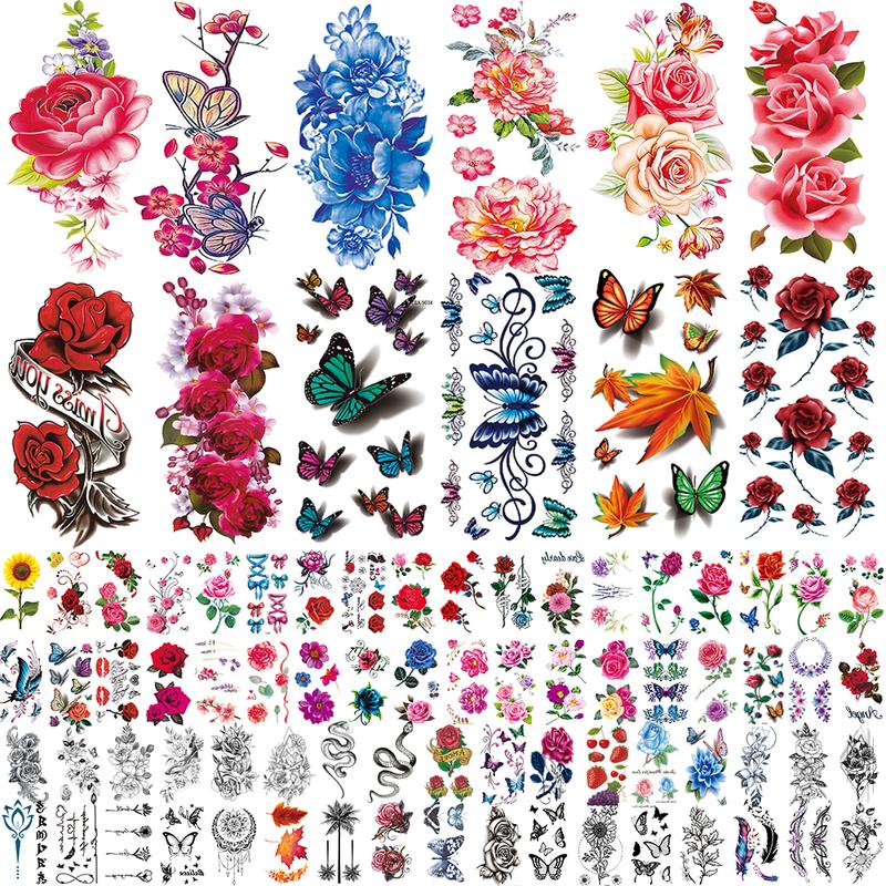 82 Sheets Flowers Temporary Tattoos Stickers, Roses, Butterflies and Multi-Colored Mixed Style Body Art Temporary Tattoos for Women, Girls or Kids Waterproof scene accessories