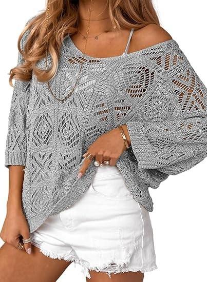 Women's Spring/Summer Crochet Hollow Out Three-Quarter Sleeve Pullover Sweater Batwing Sleeve Vacation Style Intellectual and Gentle Style