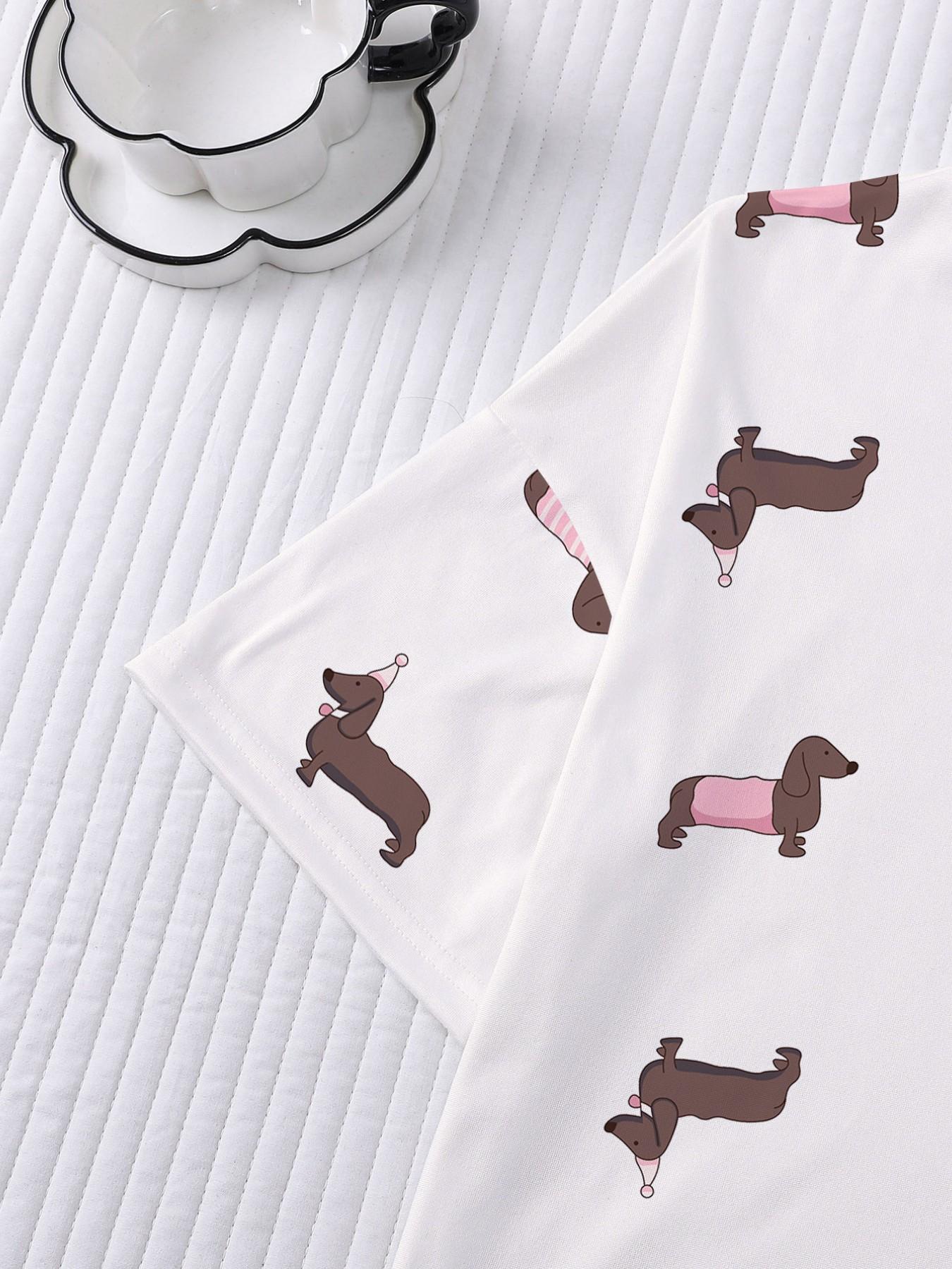 Women's 2-Piece Pajama Set, Casual Cute Weiner Dog Print, Loose-Fit Short Sleeve T-Shirt and Elastic Waist Shorts, Summer Sleepwear