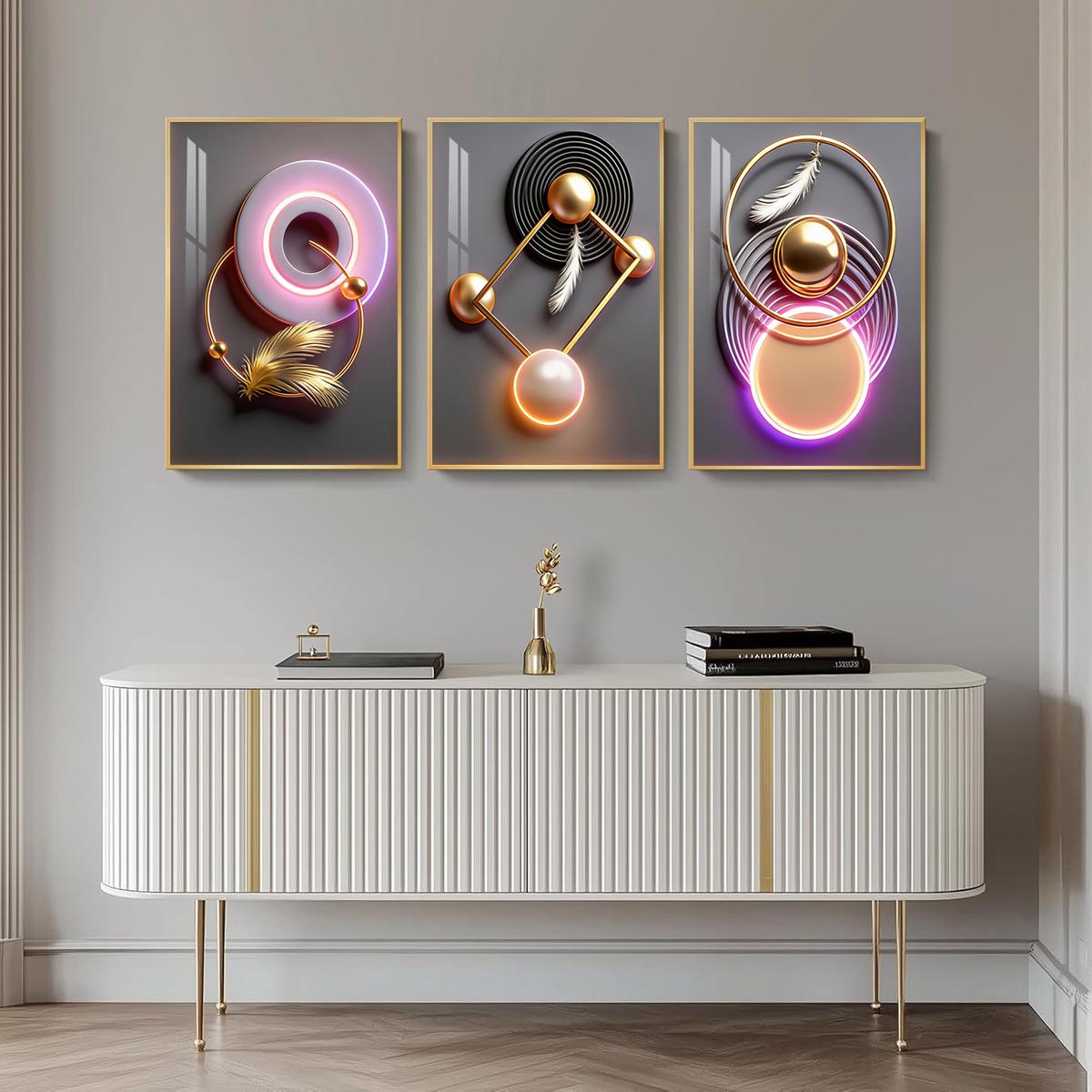 3 Counts Aluminum Alloy Framed Painting, Modern Geometric Feather Art Pictures, Home Decoration For Living Room, Bedroom, Office, Restaurant, Hallway Wall Decor, Odorless Print Artwork, Luxury Perfect Gift For Friends And Family