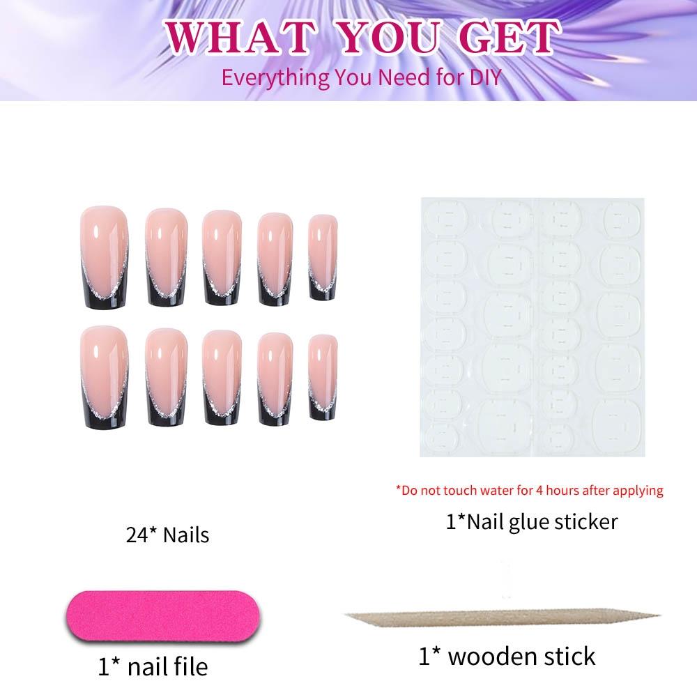 24pcs Medium Square Press-On Nails, French Style Glossy Finish, Reusable DIY Nail Art for Parties and Daily Wear, Shining Rhinestone, Nails Press Ons