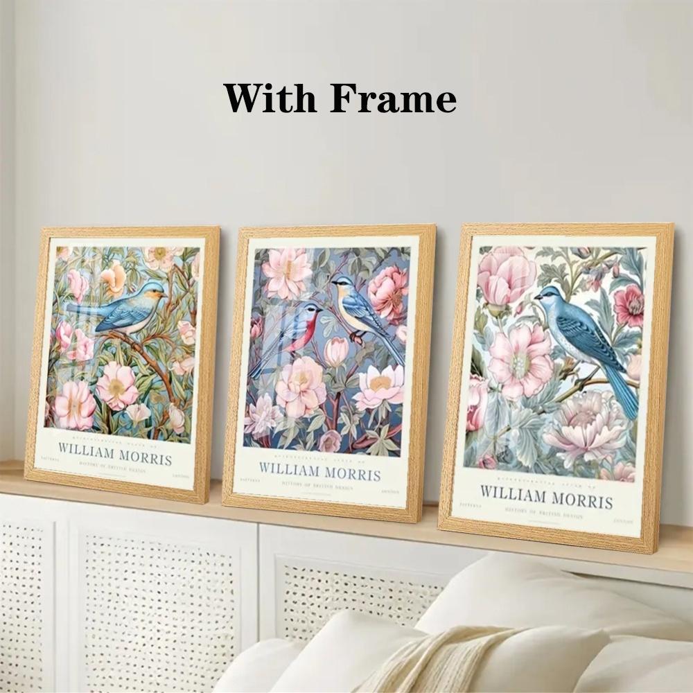 3 Pieces Optional Wooden Frame William Morris Floral Bird Wall Poster Canvas Painting Floral Wall Art Plant Retro Print Living Room Home Decor Color Accurate Reproduction Hanging Painting Clear Texture Canvas Print