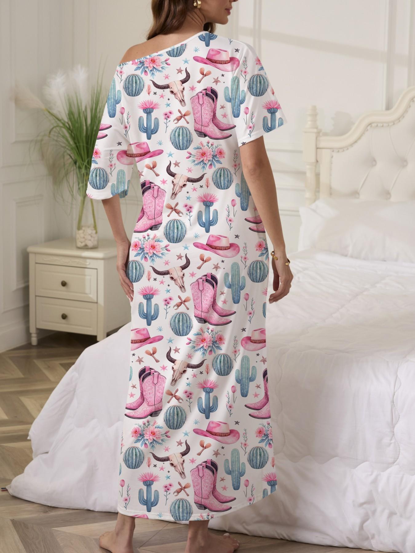 Western Cowboy Cactus Print Nightgown, Women's Casual Loose-Fit Short Sleeve Robe, Comfortable Holiday Party Sleepwear, Side Pockets