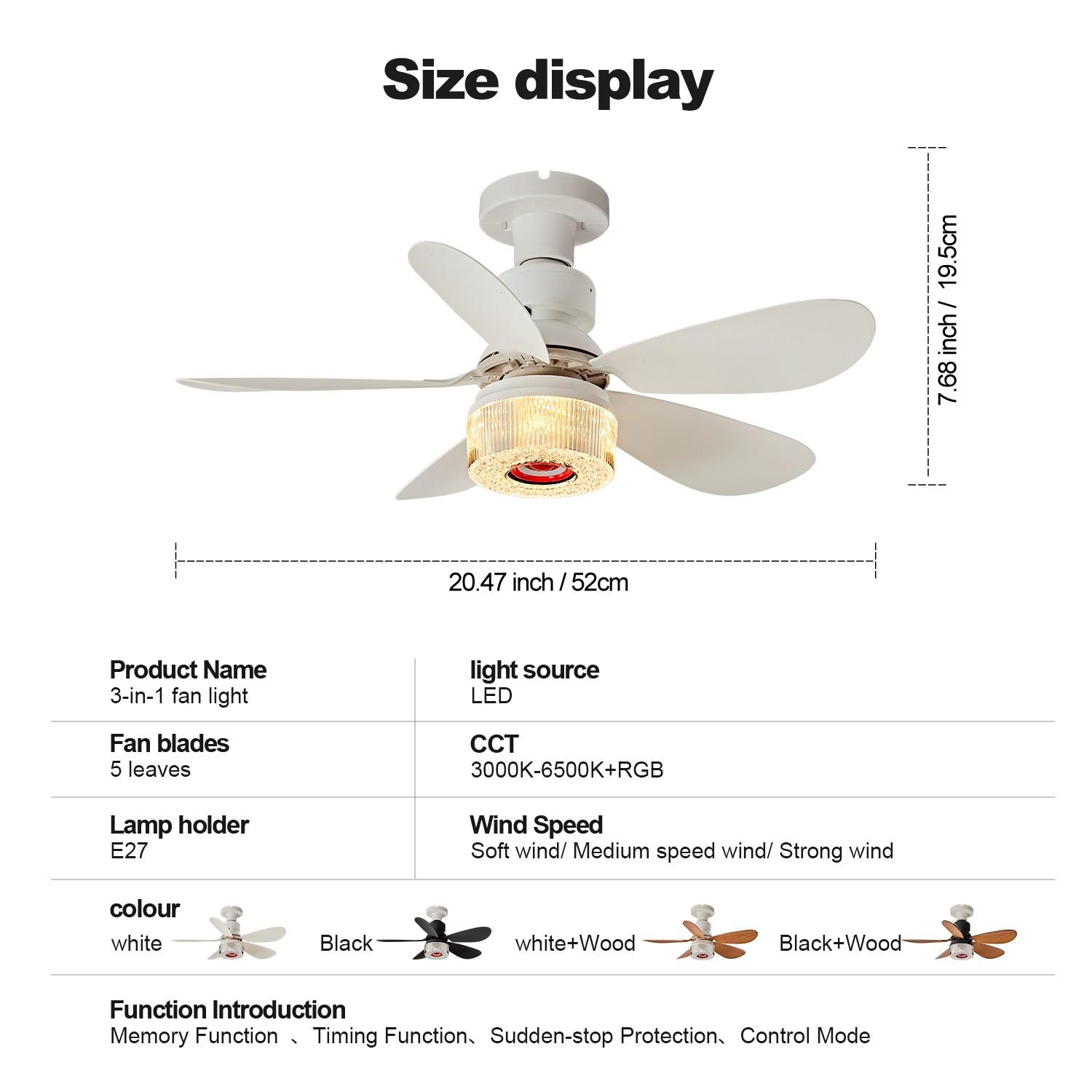 Remote Controlled RGB Ceiling Fan Light Lamp, Bluetooth-compatible Speaker, Crystal RGB Shade, Adjustable RGB Lighting, Sound Activated, Timer, 3 Adjustable Brightness Levels, Ceiling Lights
