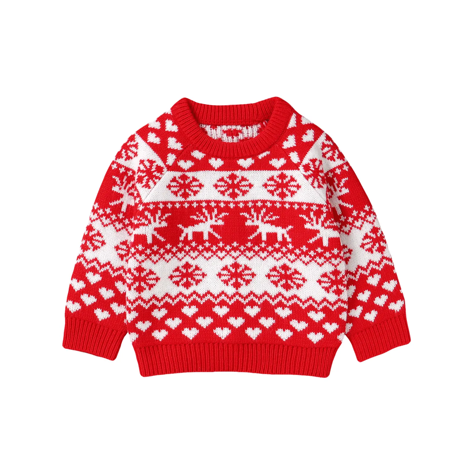 [Lullaby] Toddler Girl Autumn Christmas Sweater Long Sleeve Crew Neck Reindeer Snowflakes Embroidery Knit Tops