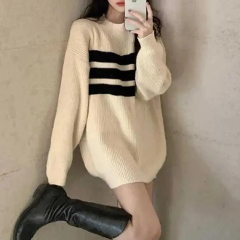 Oversized Pullover Knit Sweater for Women Striped Long Sleeve Drop Shoulder Baggy Long Sweater Jumper Teen-girl Casual Outfit