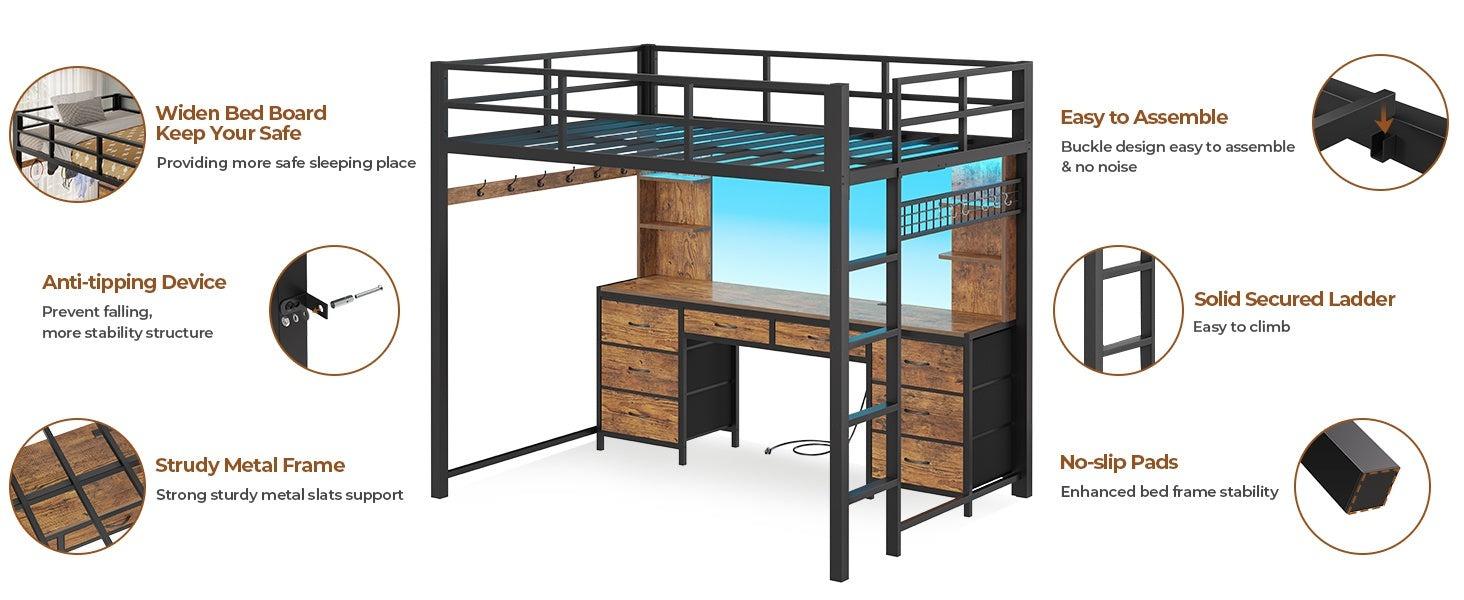 Sikaic Full Metal Loft LED Bed Frame with 8 Storage Drawers & Charging Station and 4 Open Storage Shelves Brown