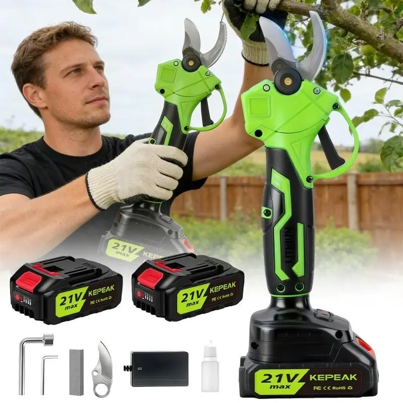 Electric Pruning Shears, Cordless Garden Pruner with 1.18in Cutting Diameter Brushless Motor, 2x21V 15000mAh Batteries, Replacement Blades, Pruning Tool for Gardening & Park Trimming