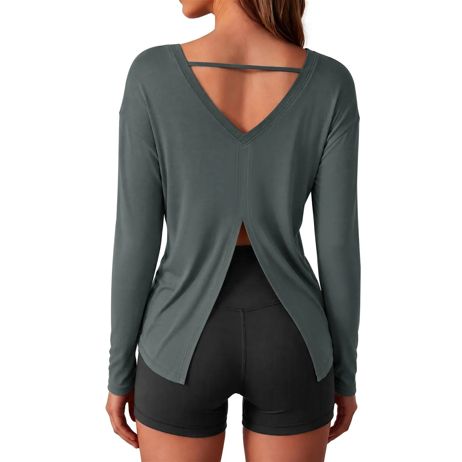 Aoysky Women's Basic Longsleeves Solid Plain Blouse - Soft Blend Stretch Breathable Knit Fabric, Open V-Back with Slim Strap & Slit Detail, Asymmetrical Hem, Mid-Length Activewear Top for Gym & Casual Wear