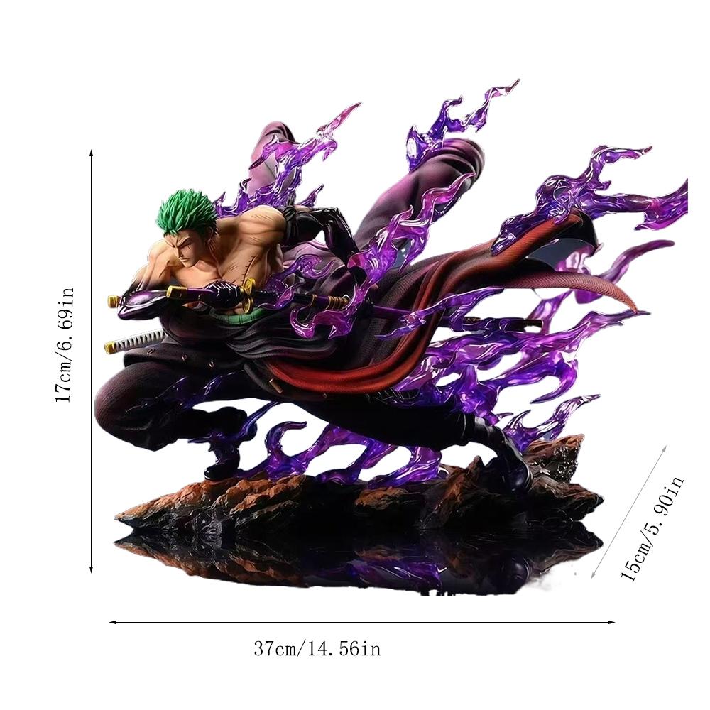 One Piece Roronoa Zoro Figure, Enma Haki Battle Scene, Purple Flame Effect Statue, Anime Model Decor，Drift Rock Base, Desktop Decor Figurine