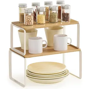 Cabinet Organizer Shelf, Set of 2 Kitchen Counter Shelves, Kitchen Storage, Spice Rack, Stackable, Expandable, Metal and Bamboo, Light Bamboo