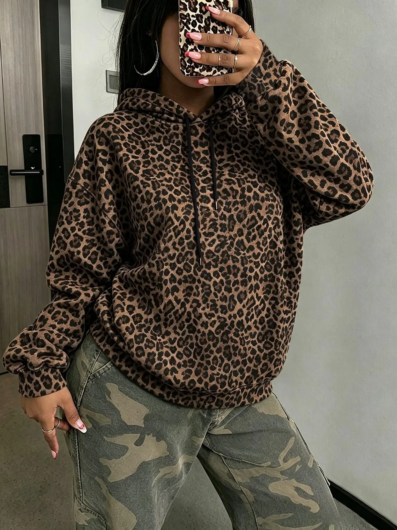 Autumn retro brown leopard print loose hoodie, soft drawstring casual pullover, perfect for street daily outings, parties, shopping, or lazy weekend home wear, trendy unisex hoodie #LeopardHoodie #OOTD