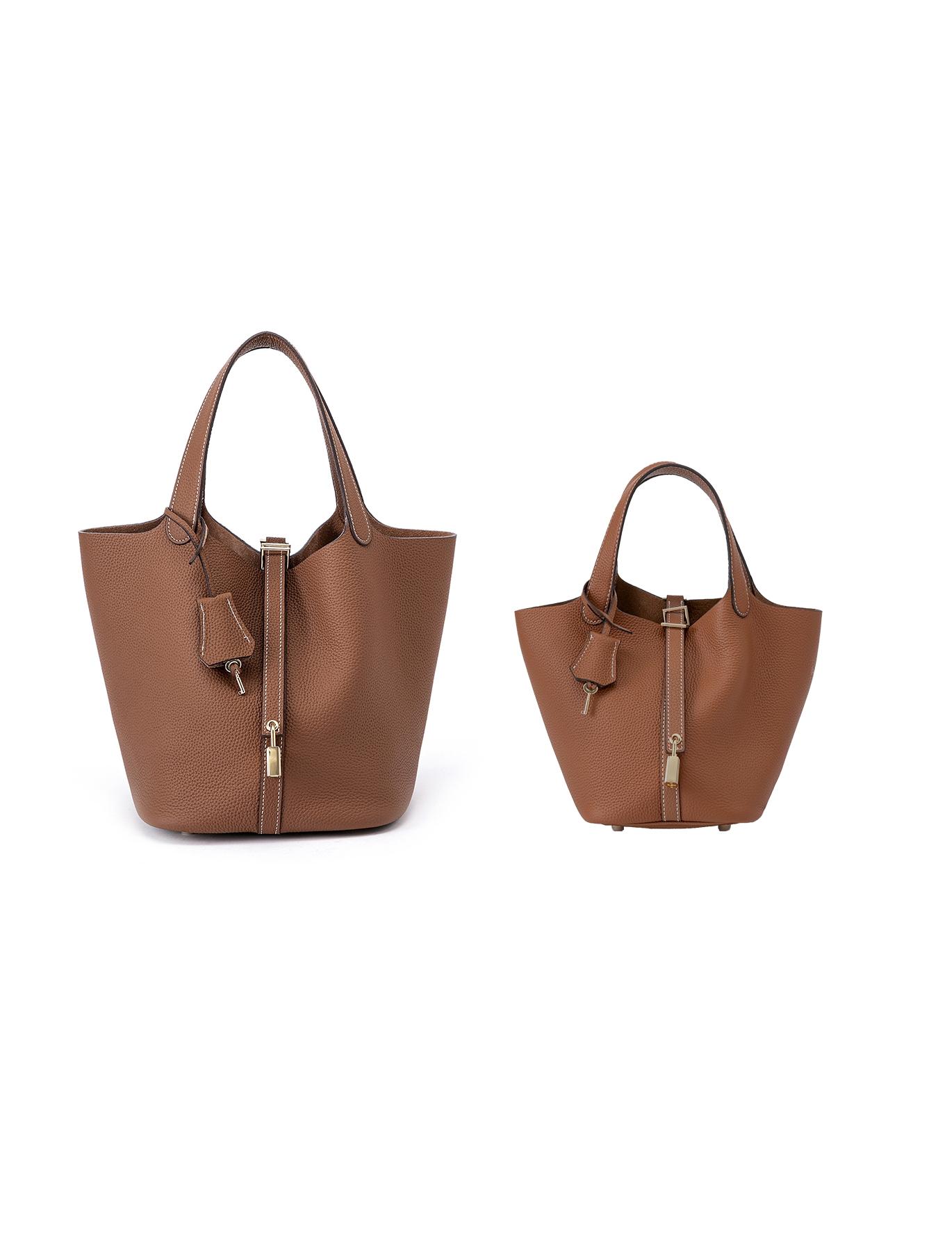 New Genuine Leather Bucket Bag for Women, Handbag 18cm, Casual Plain Design, All Seasons Use, Stylish and Durable