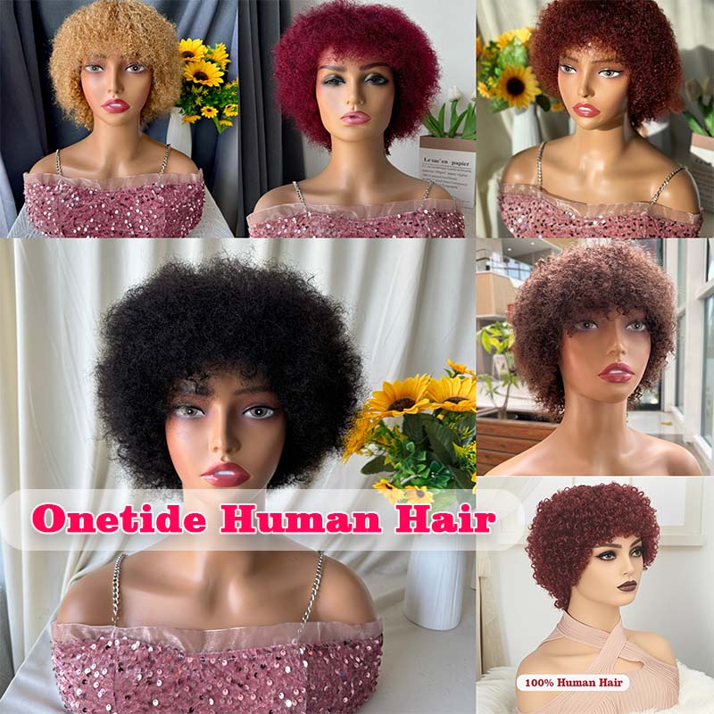 Glueless Wigs Human Hair Wigs Short Afro Kinky Curly Burgundy Color Wig For Women  Human Hair Wigs 99j Color 180% Density Pixie Curl Afro Wig Afro Kinky Curly Wigs Onetide Hair