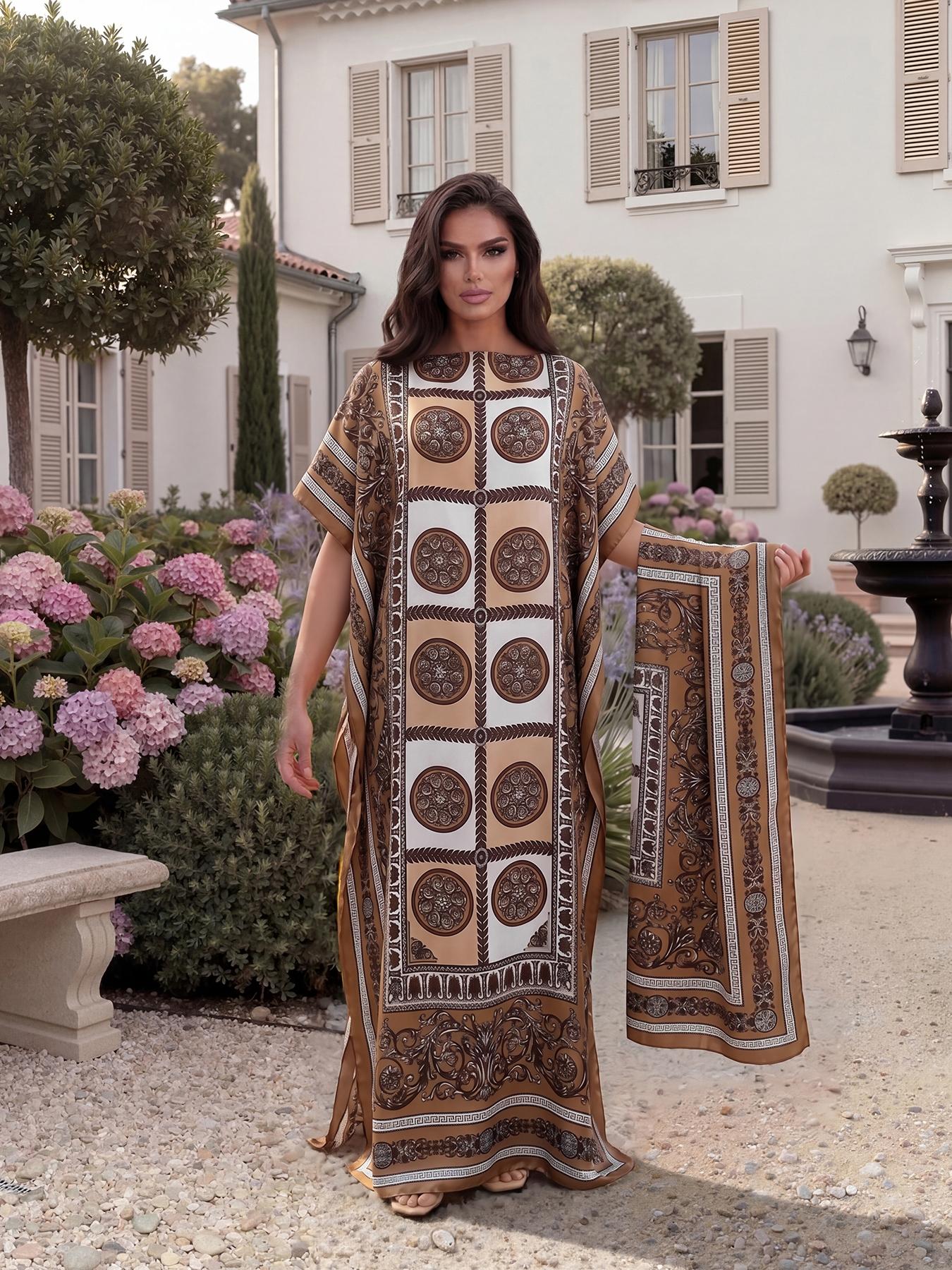 Women's Boho Style Long Robe Set, Fitted All-Over Print Shawl Dress, Sun Protection Silk Scarf, Beachwear for All Seasons