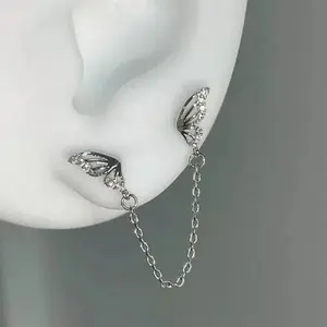 1PCS Sliver Color Butterfly Wing Chain Double Ear Hole Medical Titanium Steel Ear Bone Nail Y2K Earring for Women
