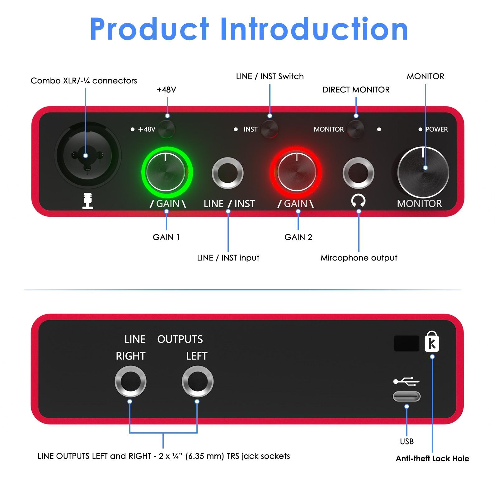 Audio Interface for PC USB Mixer Recorder, Studio Mixer, Recording, 48v Phantom Power, 24-Bit Support, Compatible with MAC Os and PC Audio Devices