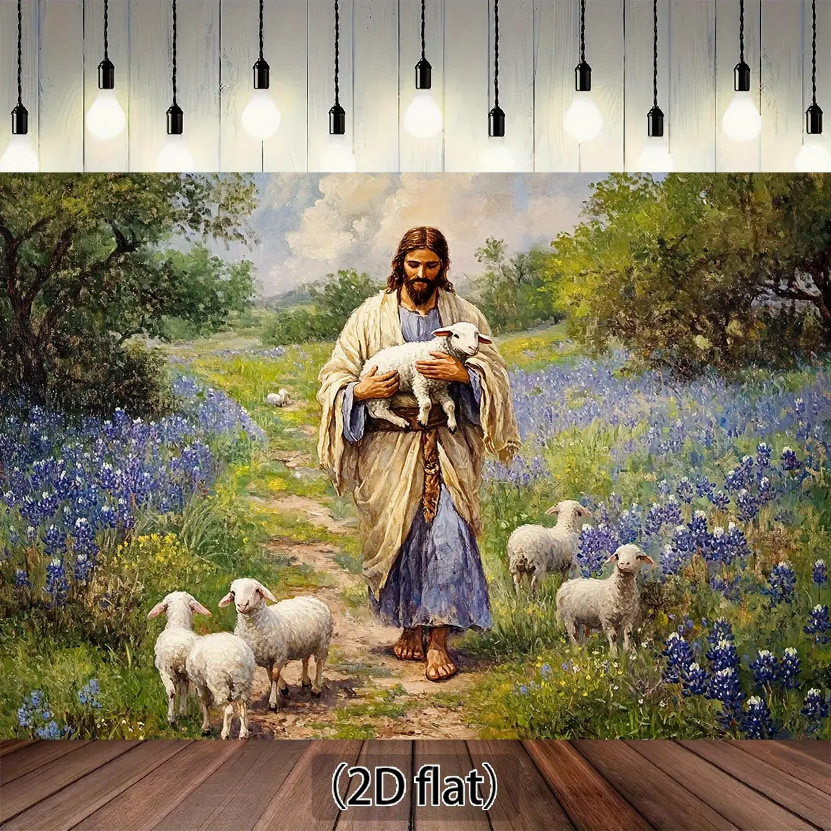 2D Falt,Vintage Biblical Pastorale Backdrop -  Shepherd with Lambs & Floral Landscape Photography Background - No Needed, Lightweight for Studio, Church Events, Easter Decorations - Serene Pastoral Scene with Blue Flower