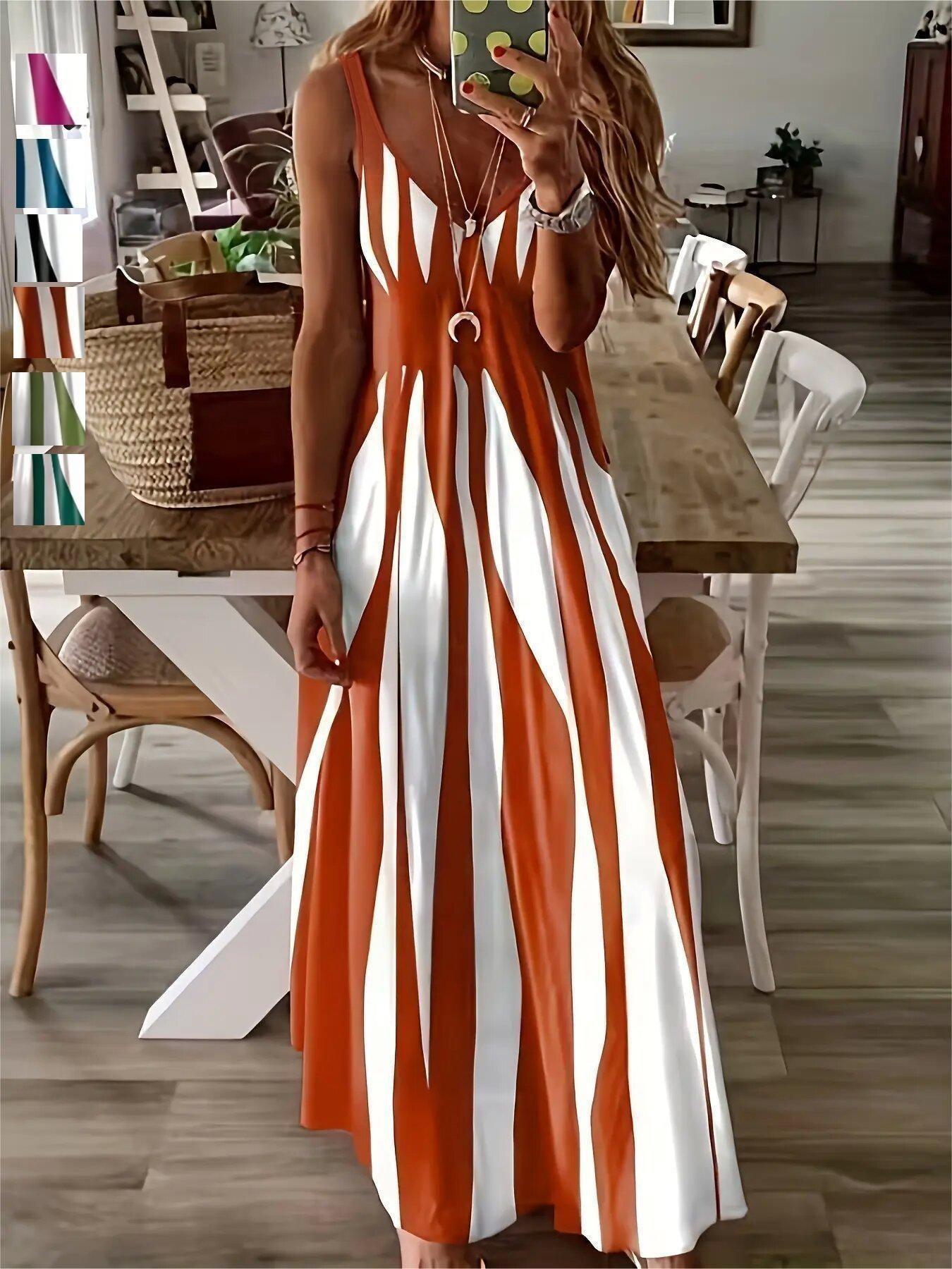 Summer New Arrival Women's Casual Sleeveless Striped V-Neck Long Dress, Casual Dresses, Casual Chic Dress, Sweet Style Elegance Loose-Fitting Daily Wear, Perfect for Outdoor Activities Summer New Arrival Women's Casual Sleeveless Striped V-Neck Long Dress, Casual Dresses, Casual Chic Dress, Sweet Style Elegance Loose-Fitting Daily Wear, Perfect for Outdoor Activities