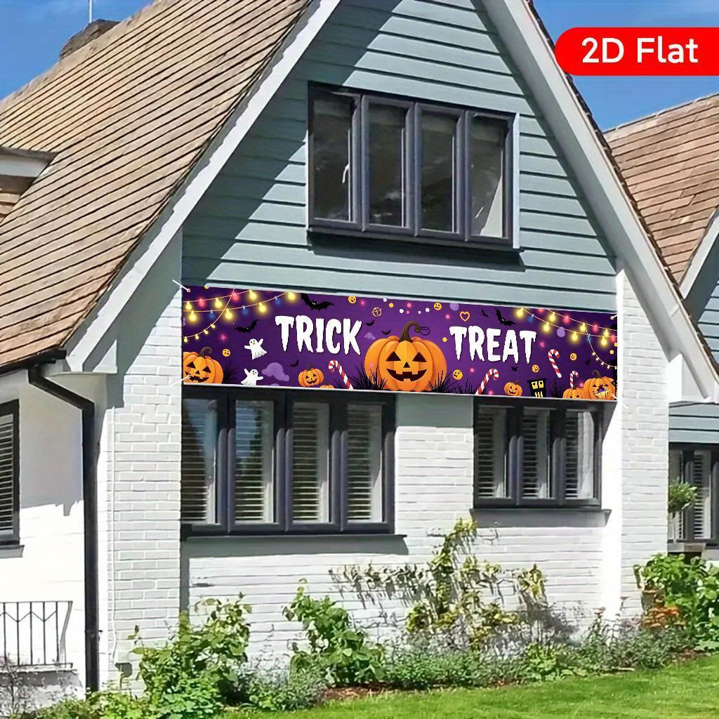 1Pcs 17.7x78.7IN 2D Flat Large Halloween Banner - Porch Fence Garden Yard Balcony Patio Door Backdrop - Durable Polyester with Pumpkin Bat Design - Indoor Outdoor Easy Hang Party Decor for Birthday Wedding Anniversary Fall