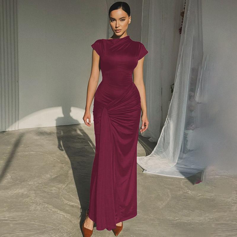 Solid Color Short Sleeve Bodycon Maxi Dress with Ribbon Women's 2025 Summer Fall New Casual Elegant Party Club Ruched Back Lace Up Bandage Patchwork Long Dresses Clothing Vacation Outfits