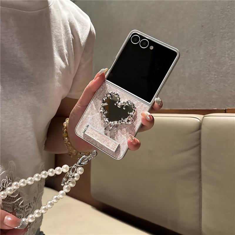 Korean Cute Heart Mirror Stand Phone Case For Samsung Galaxy Z Flip 7 6 5 4 3 Flip6 Flip7 Cover with Chain Denim Cute Cases Capa