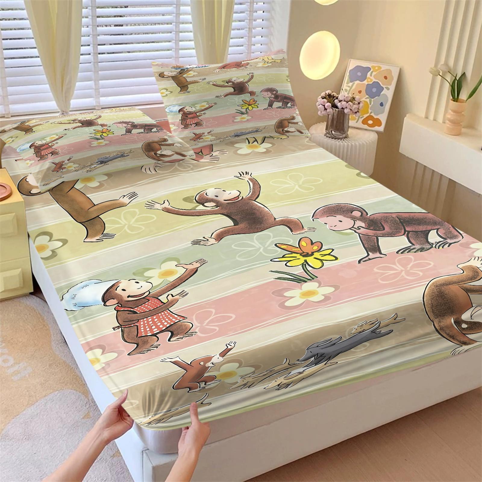 3 Piece Curious George Fitted Sheet Set, 1 Fitted Sheet + 2 Pillowcases, Cute Cartoon Monkey Biking Summer Adventure Bedding, Kids Bedroom Decor for Boys Girls Teens, Ideal Gift for Curious George Fans