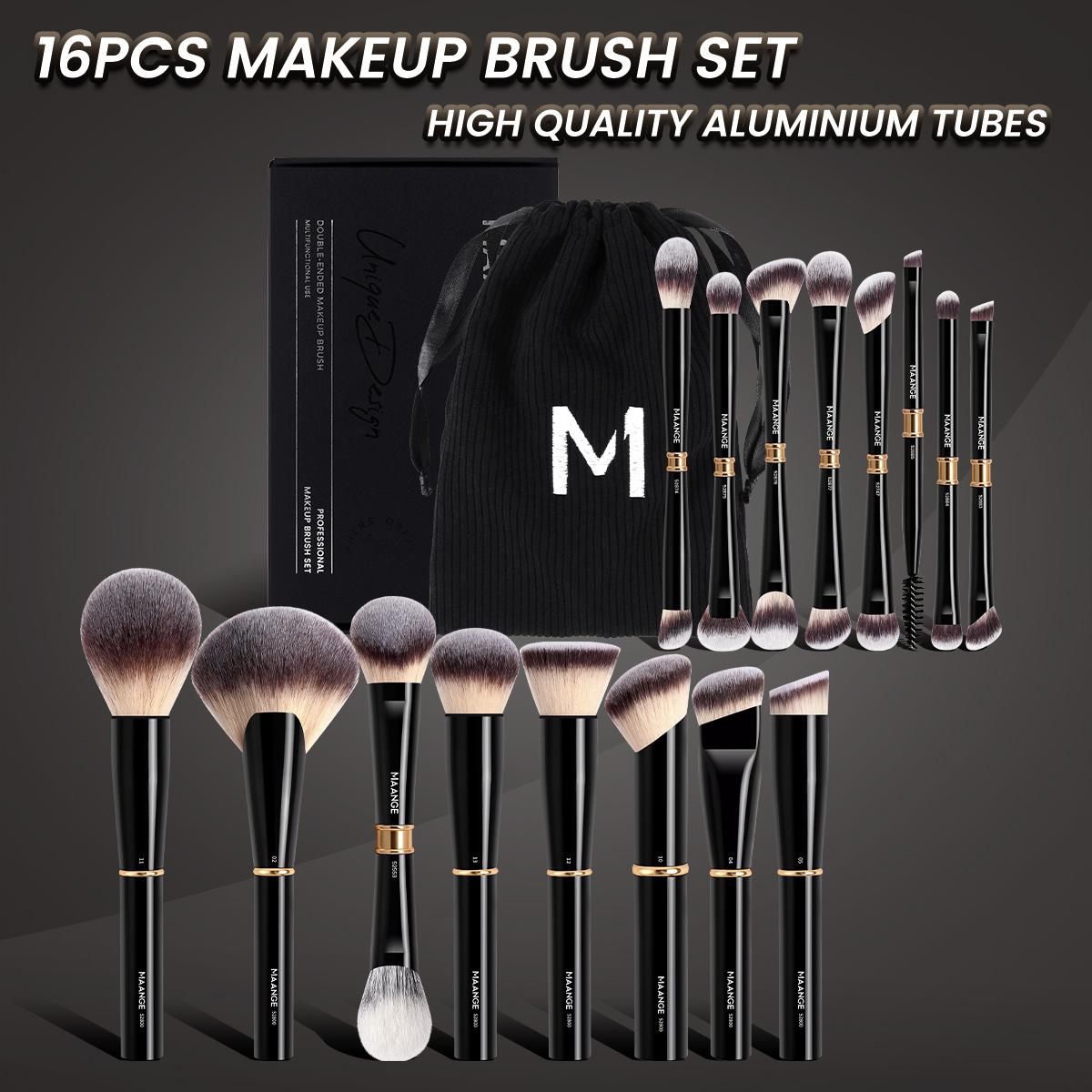 MAANGE 16pcs Makeup Brush Set with Storage Bag, Foundation Brush Powder Brush Blush Brush Contour Brush Eyeshadow Brush Eyebrows Brush Eyeliner Brush Highlight Brush Detail Brush, Soft Makeup Brushes, Professional Cosmetic Brushes Kit