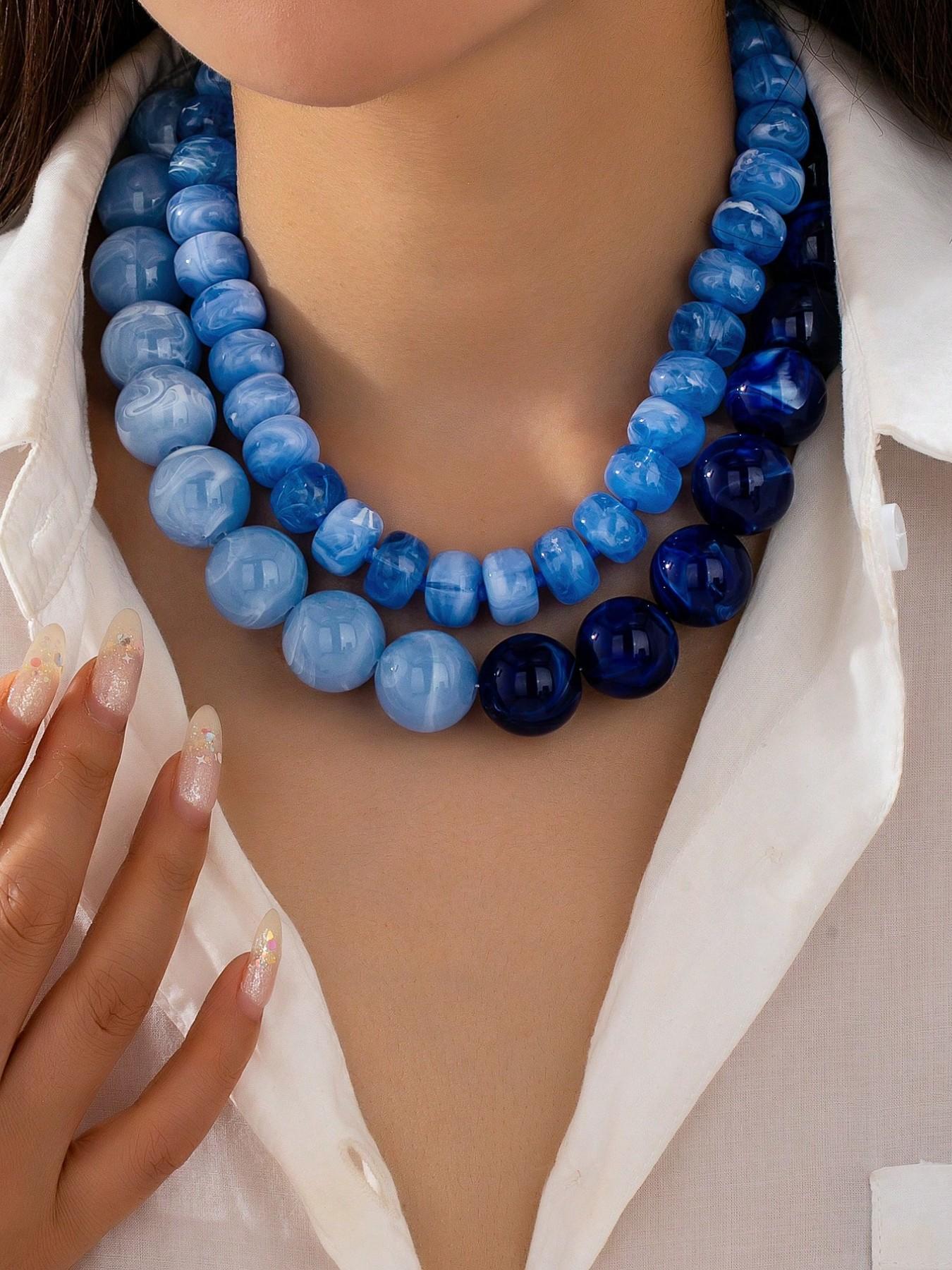 2Pcs Blue Ombre Chunky Beaded Statement Necklace for Women - Marbled Acrylic Resin Ball Bead Choker, Bold Summer Fashion Jewelry, Boho Style Necklace, Bead Necklaces