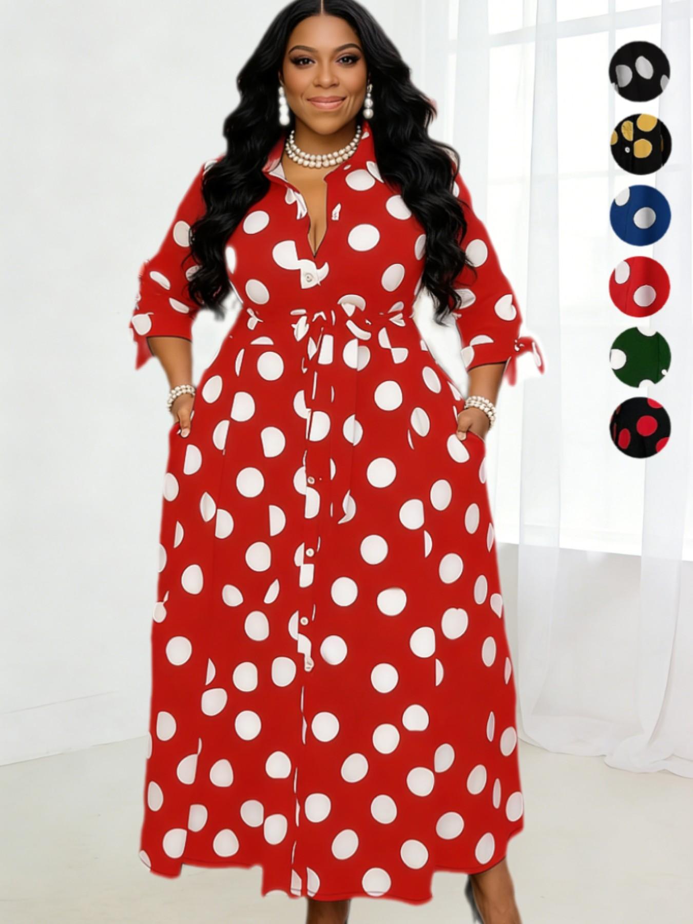 Plus Size Polka Dot Print Belted Button Front Shirt Dress, Elegant 3/4 Sleeve Tie Front High Waist Long Dress for Vacation Holiday Party, Women's Clothes for Summer