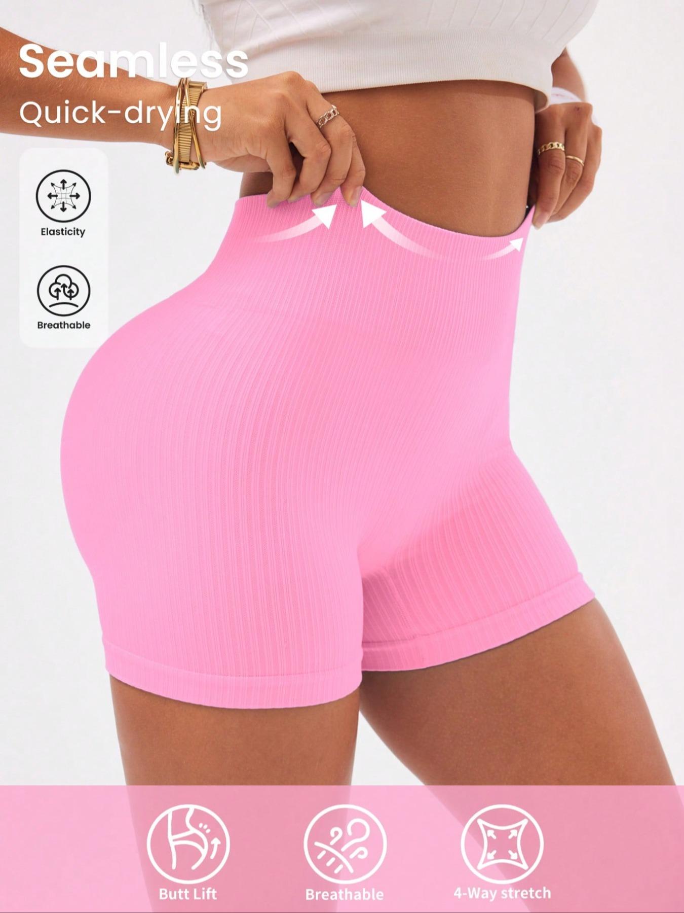 Women's Solid Ribbed Sports Shorts, High Stretch Shorts, High Waist Tummy Control Butt Lift Training Shorts, Ladies Sportswear for Indoor Outdoor Wear