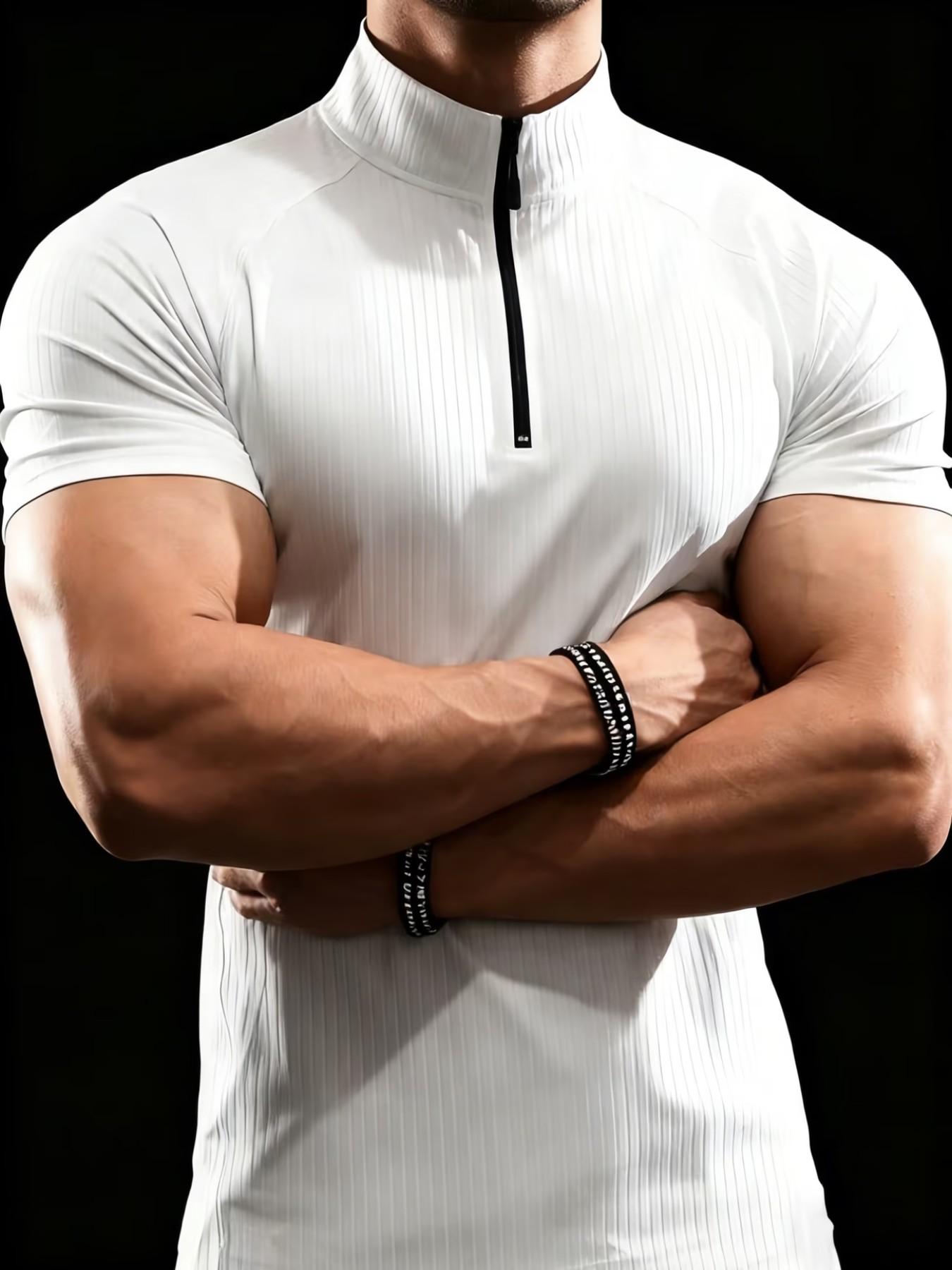 Men's Slim Fit Short Sleeve Quarter Zip Polo Shirt, Quick Dry Breathable Ribbed Sports T-Shirt, Gym Fitness Running Casual Wear