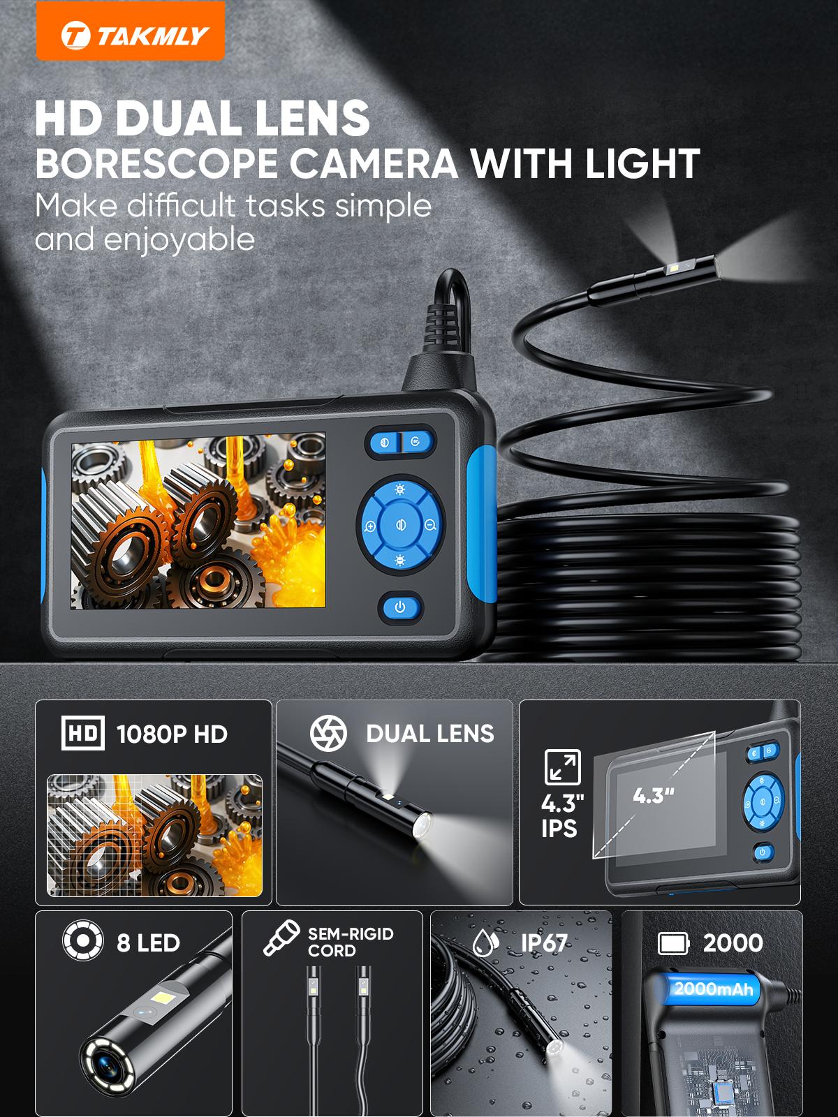 #TikTokShopSpringGlowUp Dual Lens Endoscope Borescope Camera with 8 Adjustable LED Light 16.5ft Semi-rigid Cable, IP67 Waterproof 8.0mm Snake Camera, Multifunctional Inspection Tools for Car, Sewer, Plumbing, Home Appliance, Pipe Maintenance Man Gift