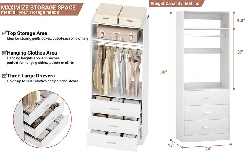 80'' Height Freestanding Wood Closet System, DIY Reversible Stand-alone Wardrobe Walk-in Closet Garment Organizer with Hanging Rod and Drawers, White