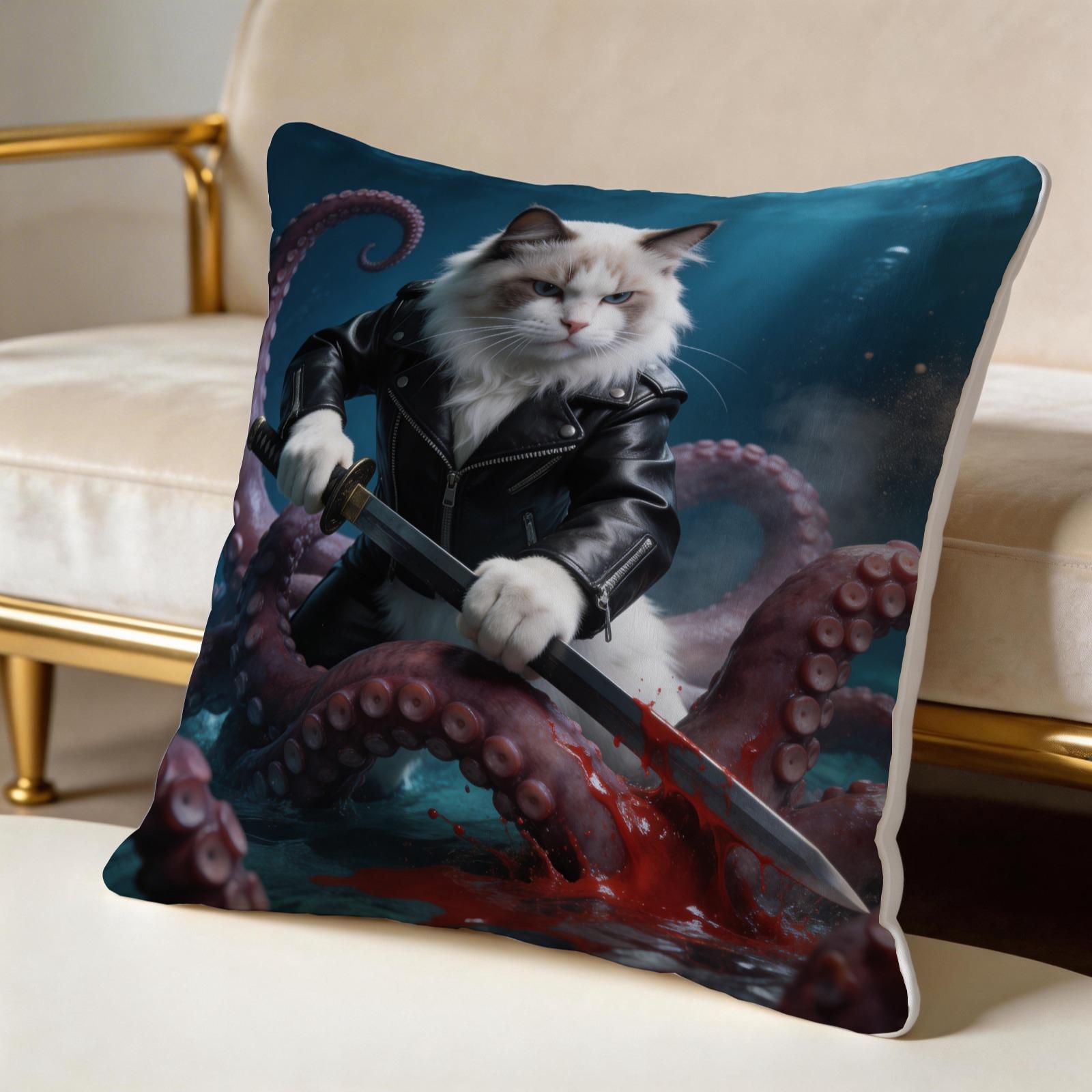 1 Pack Funny Animal Throw Pillow Set, HD Digital Print Samurai Cat / Pirate Garfield / Rocket Raccoon Accent Cushion, Non-Fade Decorative Pillow for Couch & Bed, Cool Gift for Pet Lovers, 18×18 Inch Home Decor