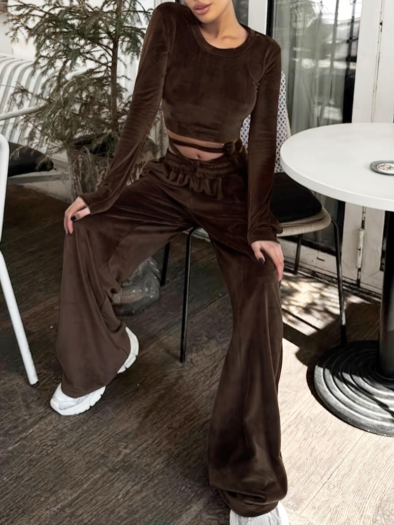 Autumn Winter Casual Knit Elastic Velvet Silk Round Neck Top Pocket Long Pants Home Wear Loungewear Two-Piece Set