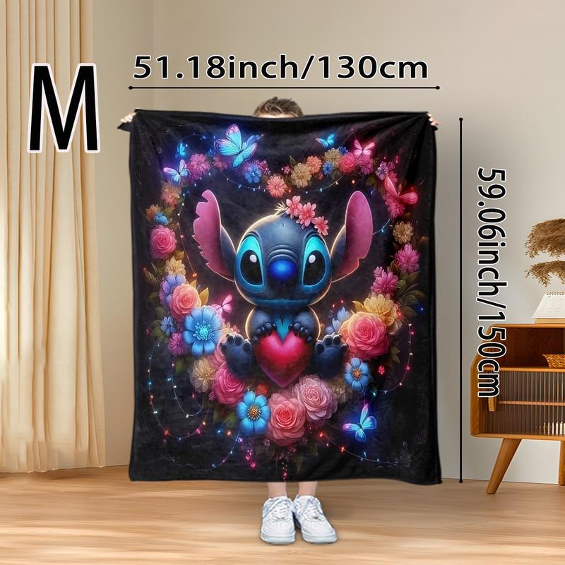 Dreamy Neon Stitch Heart Bouquet Flannel Blanket, Dark Base, Neon Light Effect, Blue Rose Hearts, Butterfly Decor, Holiday Gift