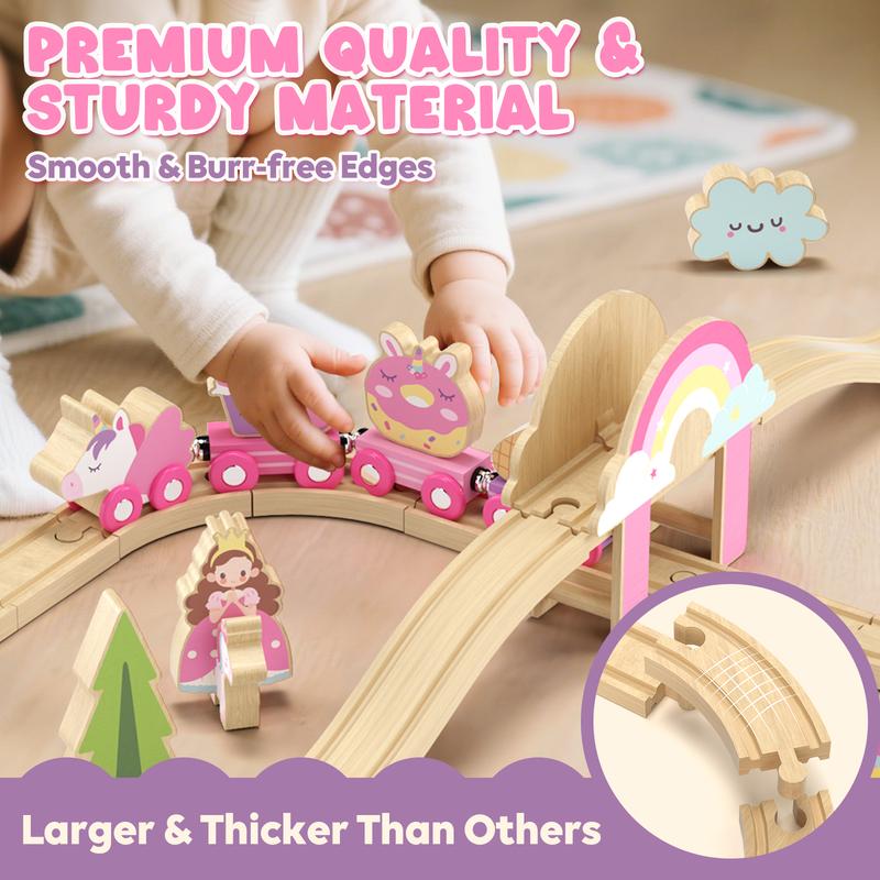 Lehoo Castle 38pcs72pcs Wooden Train Set, Train Set for kids, Wooden Train Track for Girls, Train Set with Tracks & Accessories, Unicorn Toys for Girls, Montessori Toys for Boys & Girls