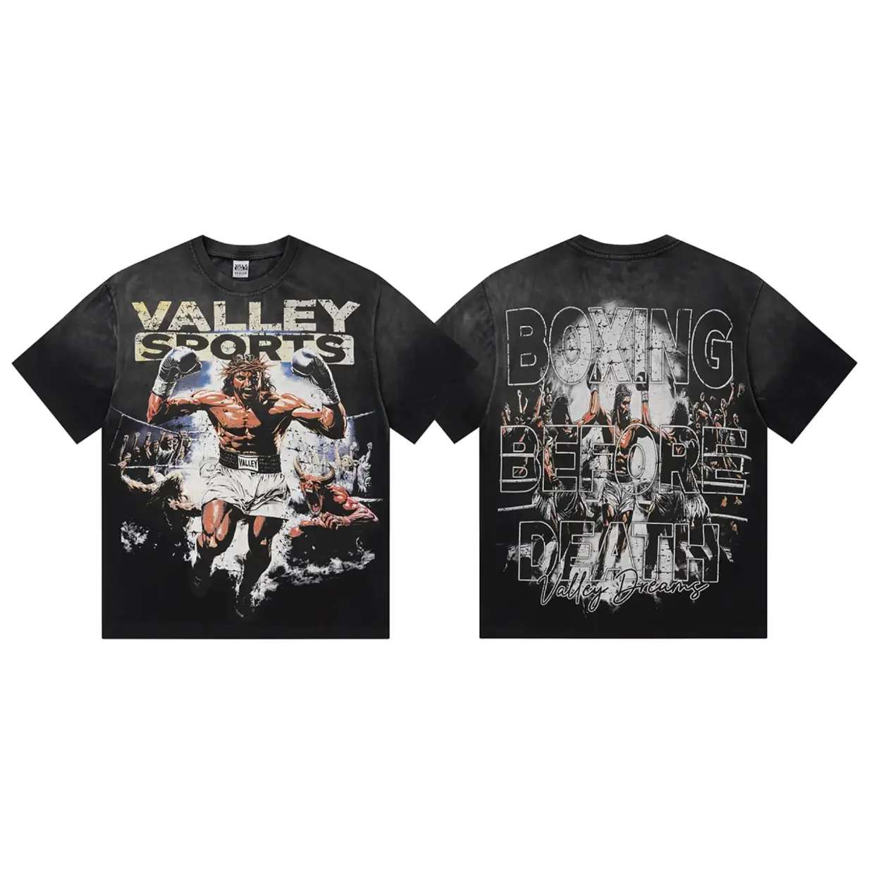 VALLEY Vintage Acid Wash Boxing Graphic T-Shirt, Y2K Streetwear Double Sided Print Heavyweight Cotton Oversized Short Sleeve Crewneck Tee for Men Women, Casual 4th of July Birthday Gift Top