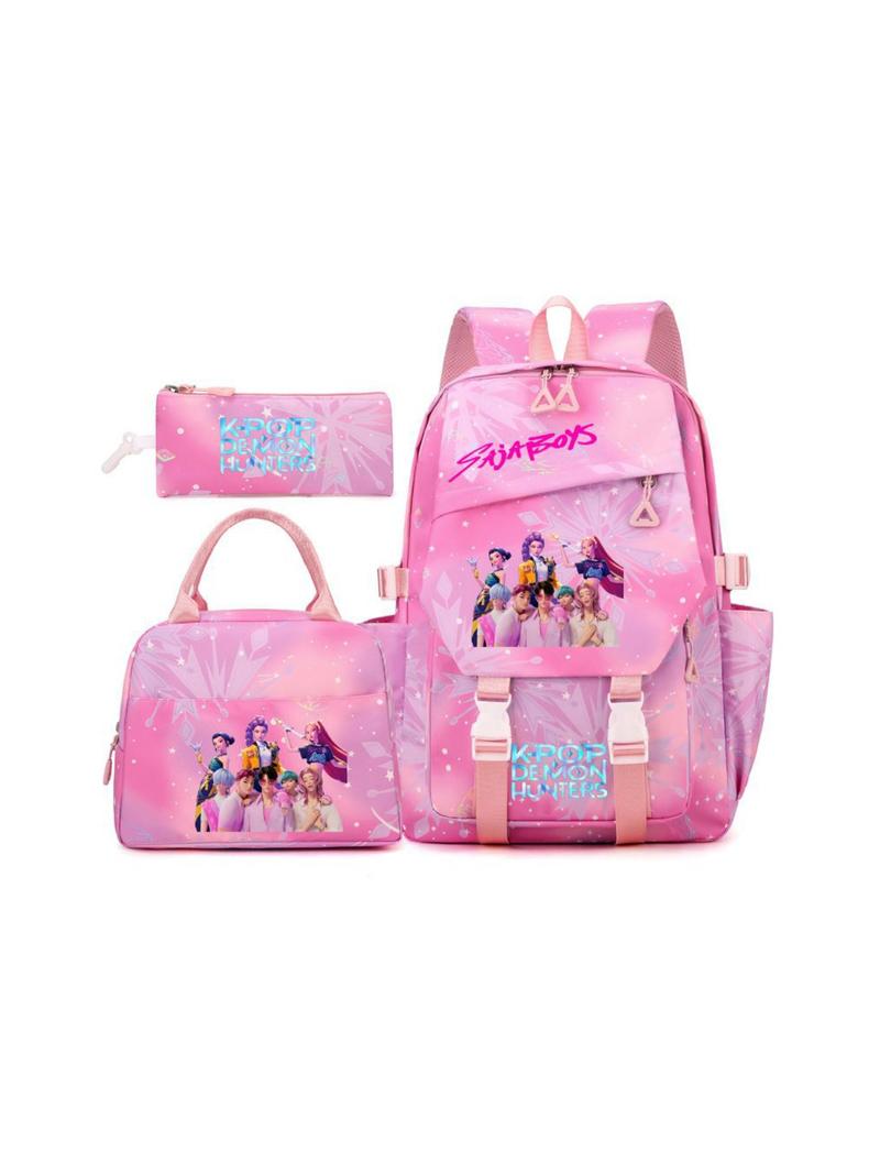 New K-Pop Demon Hunters Cartoon Print Backpack Set, Fashionable Breathable Waterproof Dual-Shoulder Bag, Lightweight Travel Bag for Students, Backpack for School
